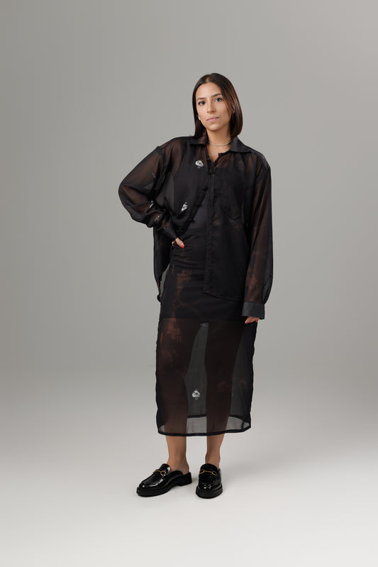 SOMBRAS DE FUEGO TRANSPARENT MIDI SKIRT