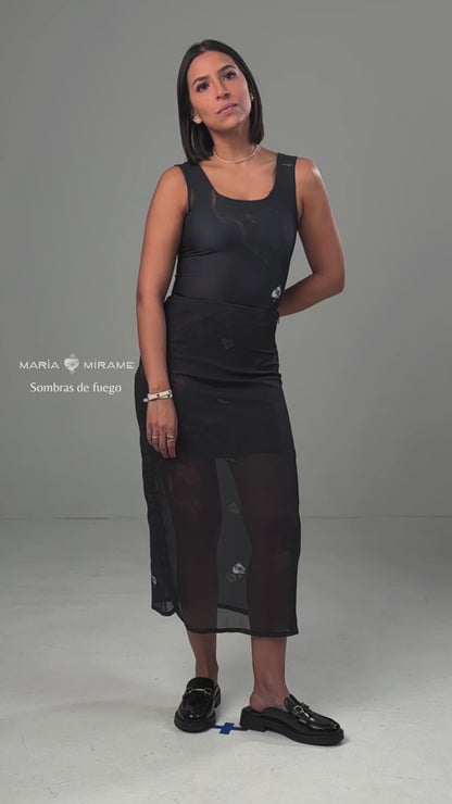 SOMBRAS DE FUEGO TRANSPARENT MIDI SKIRT